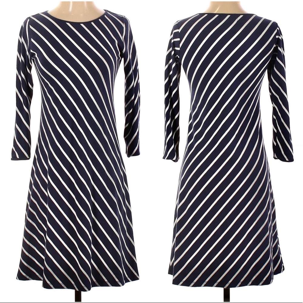 Duffield Lane Diagonal Stripe Long Sleeve A-Line Shift Dress Navy Blue White XS - Picture 1 of 10